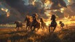 Gallop of wild horses at sunset in open field - Breathtaking image of a herd of wild horses running freely across an open field against a dramatic sunset backdrop