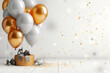 Golden and white balloons and on white. Holiday celebration background with confetti