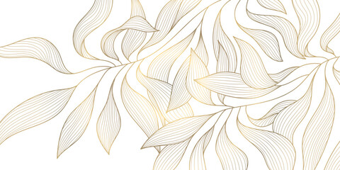 Wall Mural - vector gold on white abstract floral pattern. leaf luxury texture, wavy elegant golden illustration.
