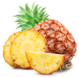 Fototapeta  - Ripe pineapple  and pineapple slices isolated on white background. File contains clipping path.