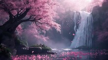 Tranquil Scene Of Cherry Blossoms (sakura) In Full Bloom By A Serene Waterfall, Creating A Picturesque Spring Landscape
 Seamless Looping 4k Time-lapse Virtual Video Animation Background. Generated AI