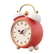 a red and white alarm clock with gold hands