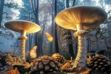 Two Large Mushrooms With Butterflies Flying Around Them