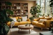 A living room with a yellow couch and a coffee table