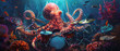 A glowing octopus playing drums underwater, surrounded by neon coral and fish, blending music with oceanic life, vibrant and dynamic