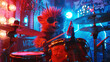 A glowing porcupine playing drums in a neon rock band, blending music with quirky charm, in a colorful, energetic setting