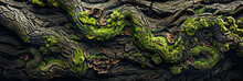 Detailed Texture Of Tree Bark With Moss And Lichen, Representing Resilience And Growth. 3D Rendering Style Illustration