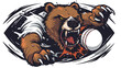 A bear angry animal sports mascot holding a cricket 