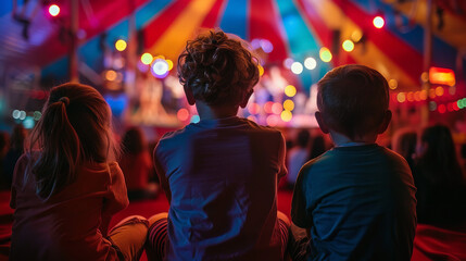 a photograph of a rear view kid children watching show on stage in circus carnival festive celebration in dome tent with crowd people inside exited lifestyle