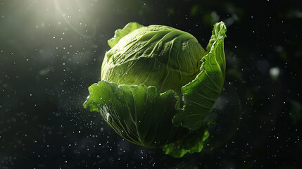 Canvas Print - closeup shot, one cabbage in the air with spotlight shining to the camera from behind the cabbage with white light effect behind the cabbage on black background