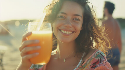 Wall Mural - happy woman drinking a delicious orange juice at a party on a beach, smiling and beautiful