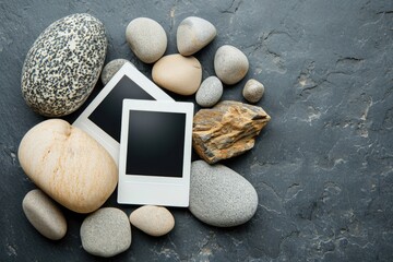 Abstract composition with two polaroid cards and random sized stones on white background.