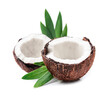 Coconut with leaves on white backgrounds
