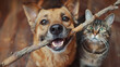Joyful dog with a stick and indifferent cat, bright outdoor light, eye level, playful