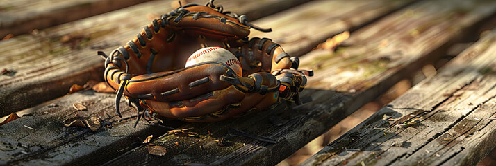 A nostalgic image of a vintage baseball glove and ball on a wooden bench, evoking memories of the sport