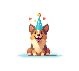 Poster - happy dog wering birthday cone hat vector flat isolated illustration