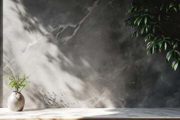 Abstract concrete kitchen with white texture and plant display.