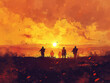 Golden sunset over a war-torn landscape, low angle, warm tones, silhouette soldiers