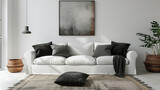 Fototapeta  - Interior of living room with white sofa and black pillows 3d rendering, photo frame in wall, Ai, modern minimalist interior design of living room with white sofa, black pillows and white wall.