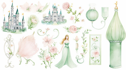 set collection of green delicate accessories of a fairy princess watercolor drawing isolated on a white background delicate soft mint color of spring