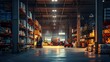 Bustling warehouse interior with forklifts in operation and organized shelves of goods