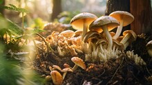 Mushrooms Growing In The Forest. Nature Background. Selective Focus, Mushroom Cultivation In The Wild, Close-up, Selective Focus, AI Generated