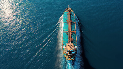 Wall Mural - A stunning aerial view of a massive boat gliding through the azure waters, showcasing the beauty of naval architecture and the vastness of the ocean, copy space