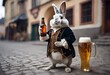 a rabbit in a historical costume with a glass of beer in an ancient European city on the street near a tavern