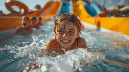 Wall Mural - Happy kid having fun in swimming pool at aquapark on summer vacation