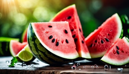 Sun-kissed watermelon slices rest on a rustic wooden table, their juicy red flesh dotted with black seeds, sparkling with freshness.