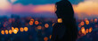 Solitary figure of a woman silhouetted against a vibrant cityscape at dusk, lost in thought.