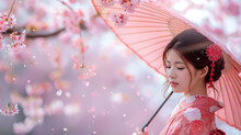Asian Beautiful Woman Wearing Traditional Japanese Kimono And Cherry Blossom In Spring, Japan.