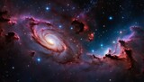 Fototapeta Kosmos - A breathtaking spiral galaxy surrounded by cosmic clouds and twinkling stars, showcasing the majestic vastness of space.