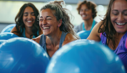 Wall Mural - A group of women in their thirties, both young and older with different body types, were doing ball balance exercises at the gym smiling while working out on blue balls