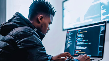 Young programmer coding intently at workstation