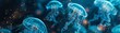 An underwater scene with bioluminescent jellyfish