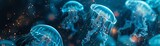 Fototapeta  - An underwater scene with bioluminescent jellyfish