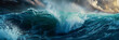 Big wave in the ocean. Raging sea, surfing wave. Landscape of a water whirlpool. Concept: Dangers on the water, powerful water energy