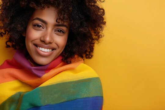 Beautiful young black woman with curly hair wrapped in a LGBTQ pride flag smiling on a yellow background. Pride month concept.
