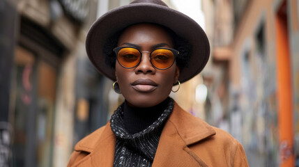 Confident woman in stylish orange sunglasses and a brown hat stands on an urban street. She wears a brown coat over a black sweater, exuding a chic and fashionable vibe.