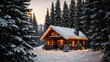 A cozy peaceful Christmas background with a rustic cabin covered in snow, surrounded by tall evergreen trees and a warm fire lights. Winter house in the forest