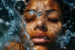 A woman's face is partially submerged in water, with her eyes open