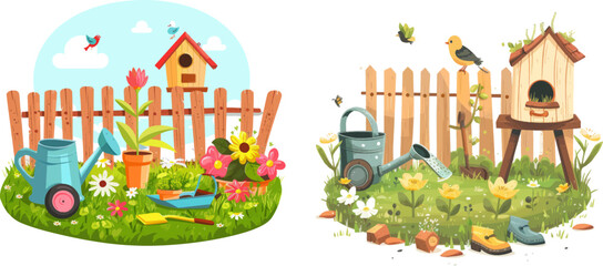 Wall Mural - Gardening vector concept. Birdhouse, gumboots and watering can on grass