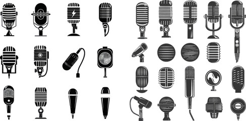 Music or podcast recording. Logo element for karaoke and radio broadcast vector set