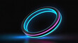 © Al Amin - 3d render neon light ring black background. glowing neon circle blue pink neon round frame. ai