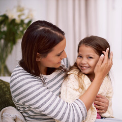 Sticker - Lounge, mother and daughter with smile for portrait with embrace of love, care and happiness. Apartment, mom and girl in living room to relax on sofa or couch with hug for bonding in family house