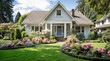 A traditional cottage style house with a charming front porch with beautiful flowers and green grass