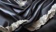silky black satin fabric with white lace 