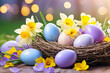 Ostern Dekoration mit bunten Blumen und Ostereiern