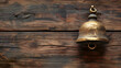brass bell on wooden background with copyspace, generative ai